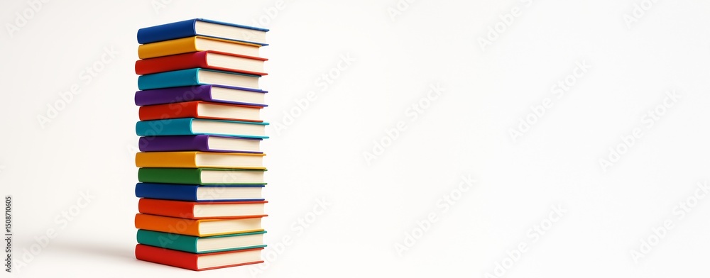 Aufkleber stack of colorful hardcover books placed vertically on left side with blank white background and cop