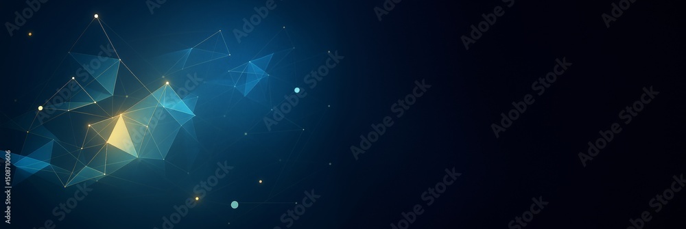 Poster Abstract geometric background with glowing triangular shapes and connecting lines on a dark gradient backdrop for digital design and copyspace use.