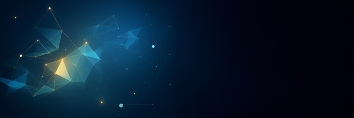 Abstract geometric background with glowing triangular shapes and connecting lines on a dark gradient backdrop for digital design and copyspace use.