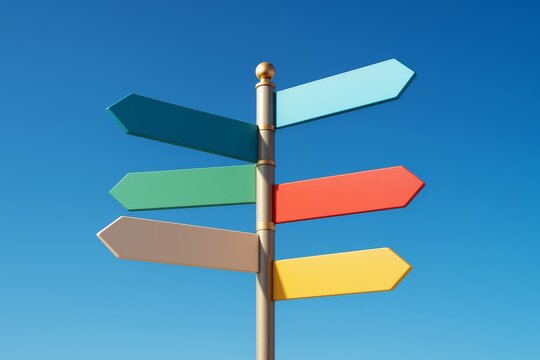 Colorful blank directional signpost with six arrows on clear blue sky background for concept, branding, template, or creative poster design use.