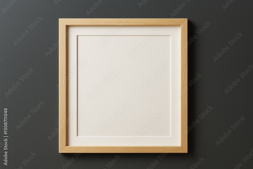 Poster minimalist wooden photo frame on dark wall background with empty white inner space as mockup for pos