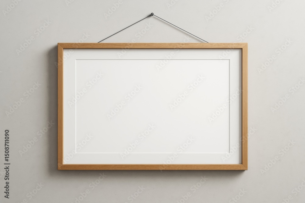 Poster wooden frame with blank white poster hanging on light wall background for mockup or design presentat