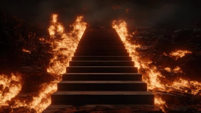 Stairway to Inferno: Ascend through a towering stairway engulfed in raging fire and swirling smoke, embodying power of destruction.