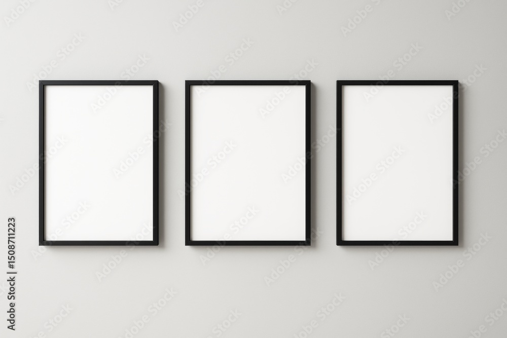 Poster three black photo frames with blank white canvases on light gray wall background for mockup or poste