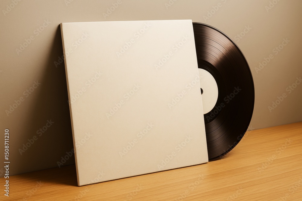 Aufkleber blank vinyl record cover mockup with partially visible black disc on wooden table against neutral ba