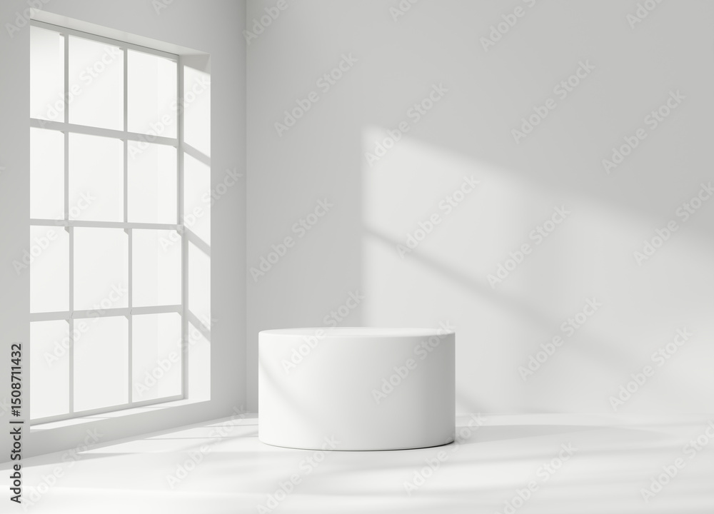 Poster minimal modern white podium platform for product display showcase 3d rendering with window