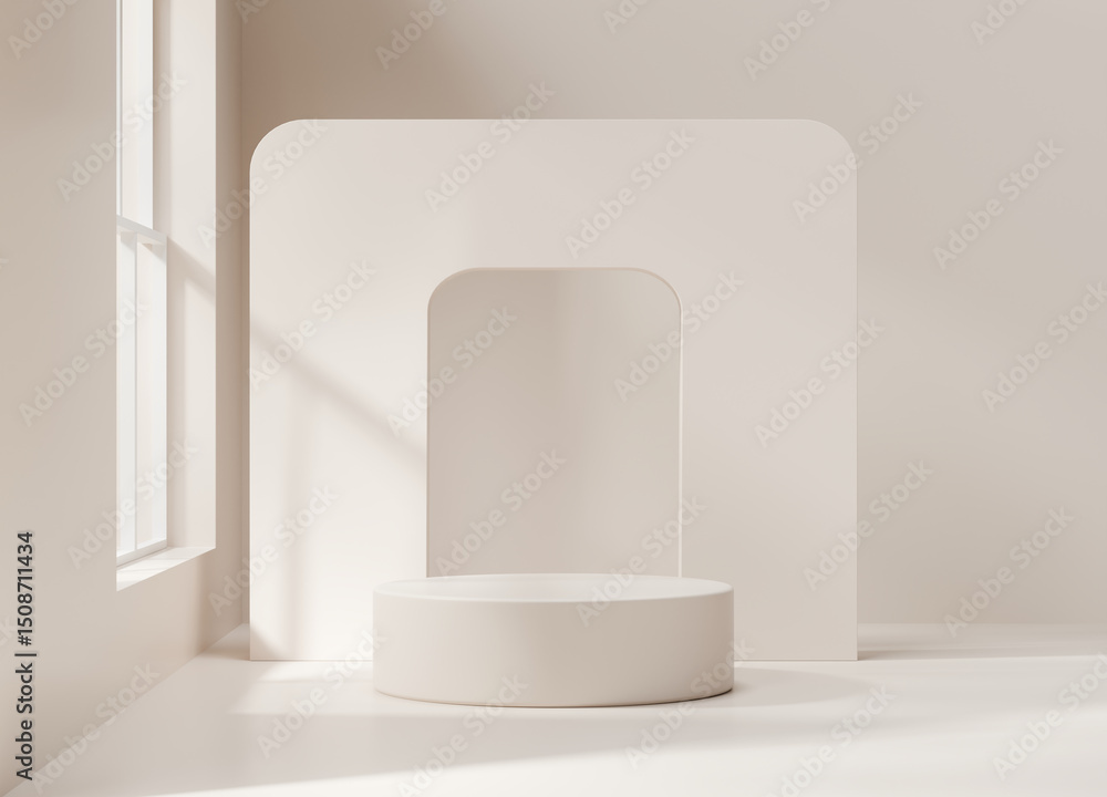 Poster minimal podium light brown for product display background 3d rendering with window