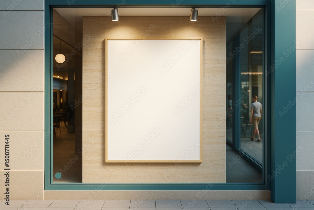 Poster blank poster mockup in wooden frame on storefront wall for advertising or branding concept in urban 