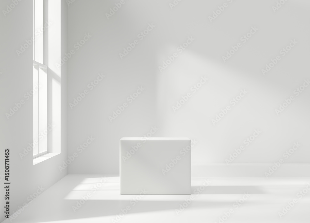 Poster minimal modern white podium platform for product display showcase 3d rendering with window