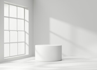 Fototapeta premium Minimal Modern White Podium Platform For Product Display Showcase 3D Rendering With Window 