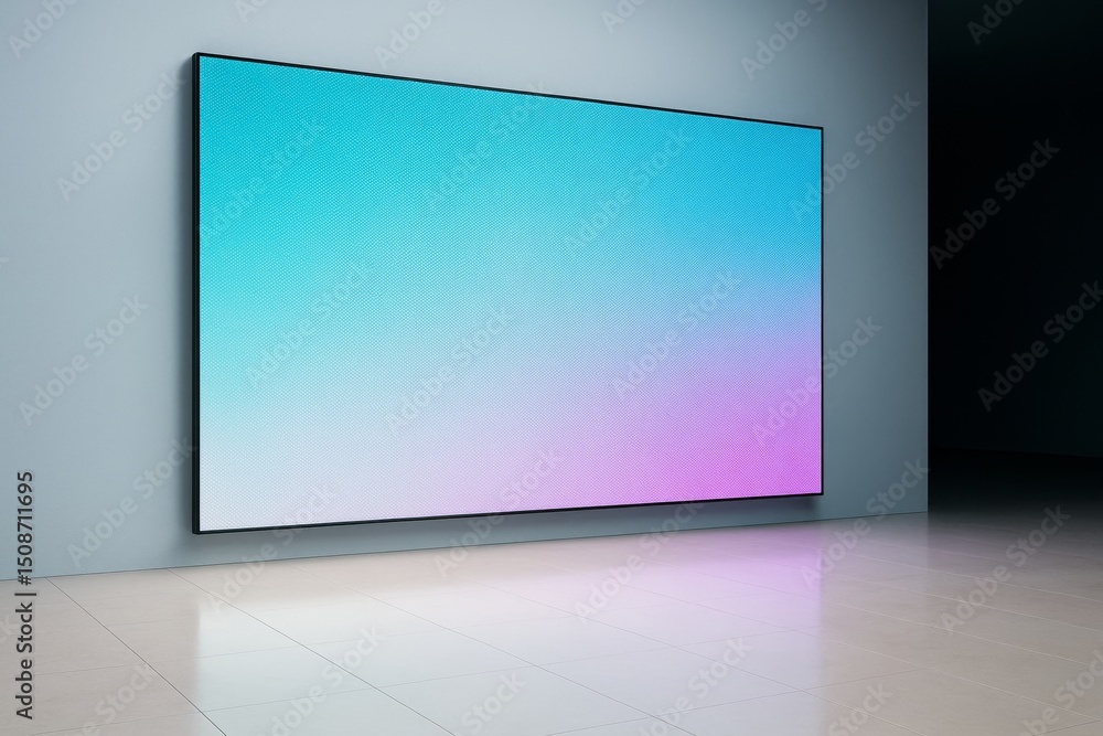 Poster Modern digital screen with gradient display on clean tiled floor in minimal interior, perfect for advertising, branding, or poster mockups.