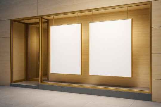 Blank posters in golden frames displayed in modern wooden storefront for advertising or branding mockup with copy space and clean background..