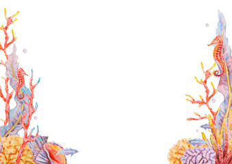 Watercolor frame with coral reef elements, fish, seaweed, seahorses, and seashells. Marine border illustration with space for text, ideal for invitations, labels, or summer designs.