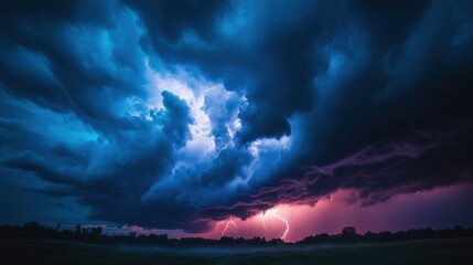 Obraz premium Dramatic Thunderstorm with Lightning and Dark Clouds in a Colorful Sky