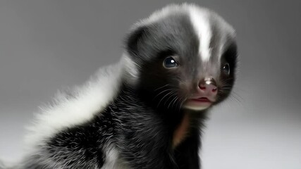 Adorable black and white striped baby skunk with fluffy fur looking forward on gray background, captivating wildlife animal close-up