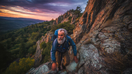 Fototapeta premium Senior Caucasian man with a gray beard climbing a rocky mountain during sunset. He wears a blue jacket and a backpack, surrounded by lush greenery and dramatic skies.