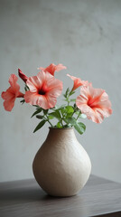 Closeup of cozy vase with petunia flowers, summer vibes