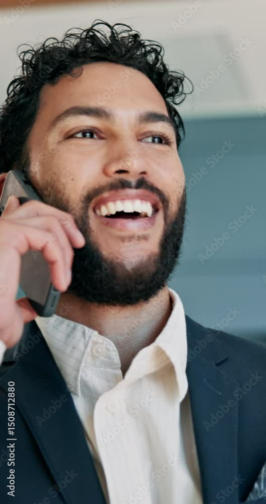 Poster man, phone call and happy by window at office with networking, negotiation or contact at real estate