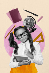 Vertical sketch image photo art collage of happy small schoolgirl stand school supplies globe...
