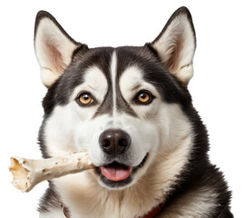 Obraz premium A happy dog with toy bone in mouth, isolated on transparent background.