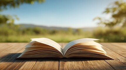 Obraz premium 야외 테이블 위 펼쳐진 책과 초여름 햇살 AI 생성