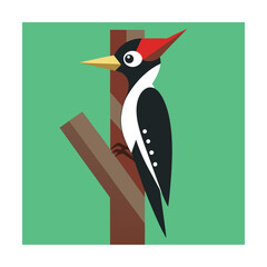 Illustration of a colorful cartoon woodpecker perched on a tree branch against a green background