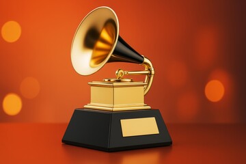 Golden gramophone music award trophy on red background with glowing light circles, representing musical achievement and celebration.