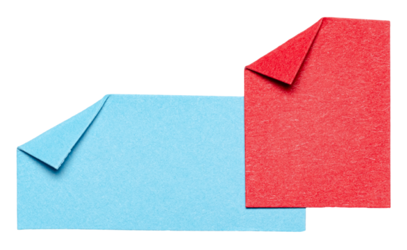 Two blue red overlapping isolated cut out blank paper notes cardboard with folded corner dog-ear earmark and copy space for text, transparent png background design element