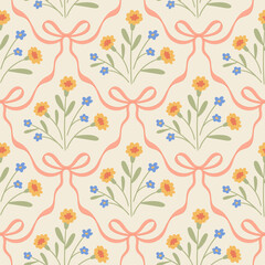 Hand drawn floral seamless pattern with a charming coquette whimsical lattice design. Soft, pastel, and nostalgic, perfect for textiles, wallpaper, wrapping paper, and romantic vintage-inspired decor.