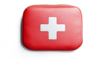 Fototapeta premium Red first-aid kit with a white cross on the front, isolated against a white background, in a panoramic view