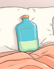 Cozy rubber hot water bottle resting beside a fluffy pillow on the warm bed, hand-drawn digital illustration. with white shades