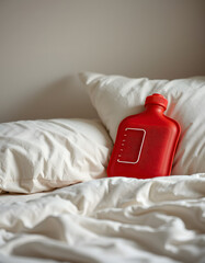 Cozy rubber hot water bottle resting beside a fluffy pillow on the bed, Paper Cutout style. with white shades