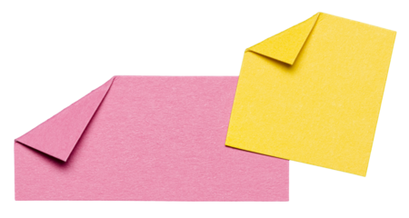 Two pink yellow overlapping isolated cut out blank paper notes cardboard with folded corner dog-ear earmark and copy space for text, transparent png background design element