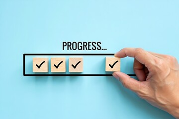 Progress Checklist Concept – Hand Completing Final Task with Wooden Blocks and Check Marks on Blue Background for Productivity, Success, and Goal Tracking
