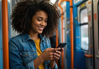 Smiling woman using smartphone while riding public transportation