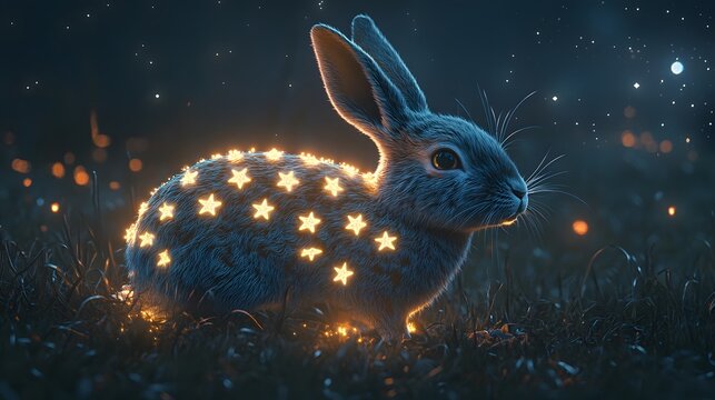 A magical rabbit with star-like patterns on its fur under a glowing sky
