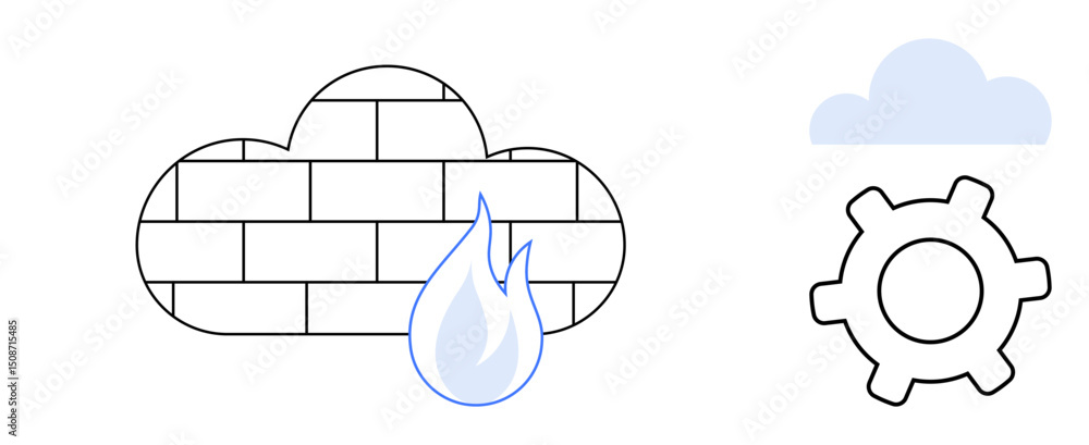 Poster brick-pattern cloud with flame symbolizing firewall, paired with gear and cloud for systematic digit
