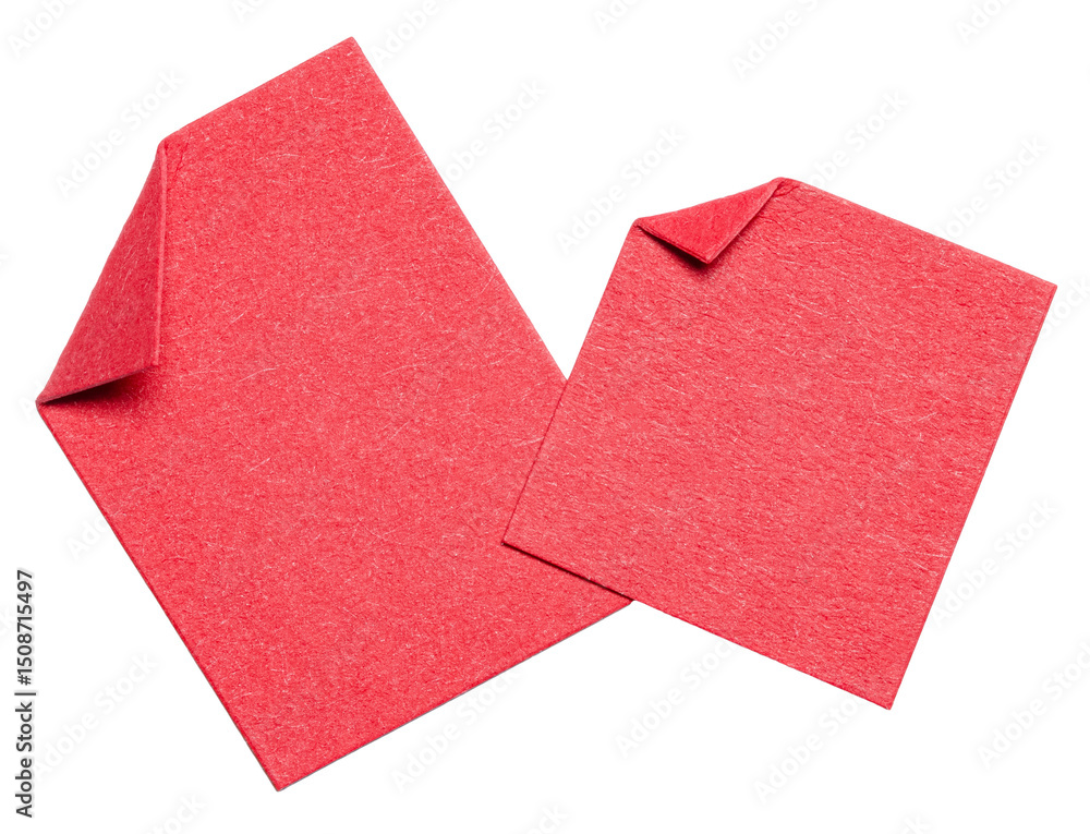 Poster two red overlapping isolated cut out blank paper notes cardboard with folded corner dog-ear earmark 