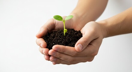 Hands holding soil with small sprout