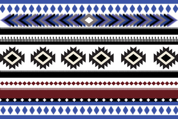 This fabric pattern features traditional geometric motifs in tones black, blue, and white hues, arranged in horizontal stripes for a bold ethnic style.