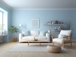 Light blue living room interior design with white furniture and wooden accents.