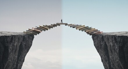 Conceptual image of knowledge bridging gaps with man walking across books between cliffs under clear sky