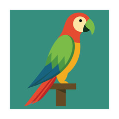 Colorful stylized parrot perched on a wooden branch against a teal background