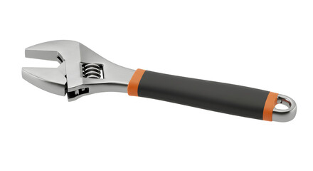 Silver Adjustable Wrench with Orange and Black Handle on Transparent Background