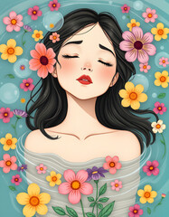 dreamy portrait of a girl resembling Ophelia adrift in a floral river beneath vibrant blossoms. with white shades