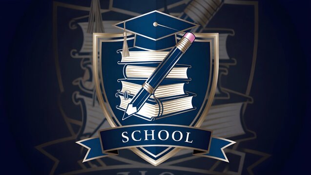 An elegant school logo with a pencil over books and a graduation cap, perfect for education. - Powered by Adobe