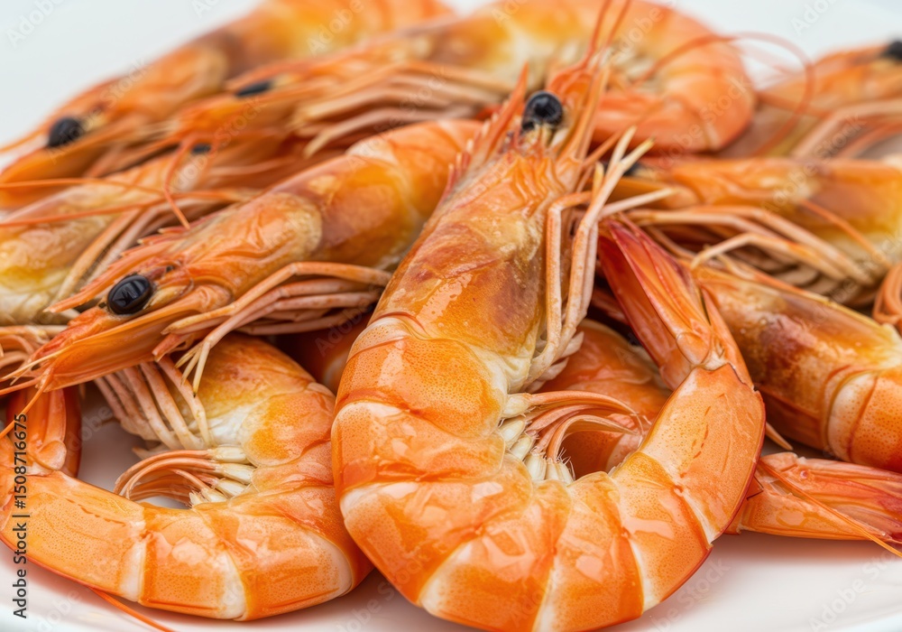 Poster close up of cooked prawns showing detail of the shell and texture on a white surface