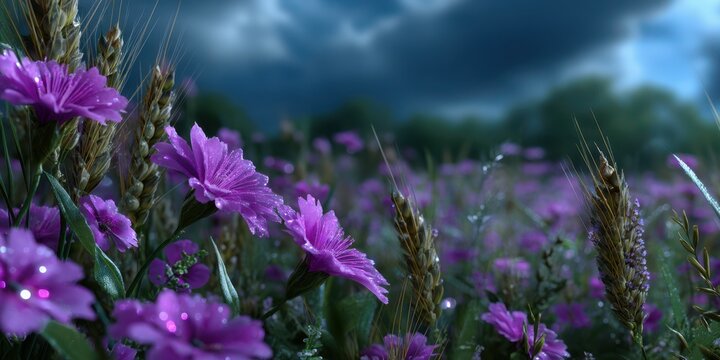 Vibrant purple flowers blooming in a serene field under moody clouds during twilight