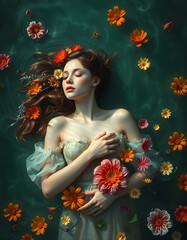 ethereal portrait of a dreamy maiden resembling Ophelia, submerged in shimmering water amidst vibrant drifting blossoms. with white shades