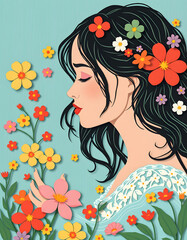 ethereal painting of a maiden resembling Ophelia lost in a dream amid vibrant floating blossoms on water, flat papercut style. with white shades